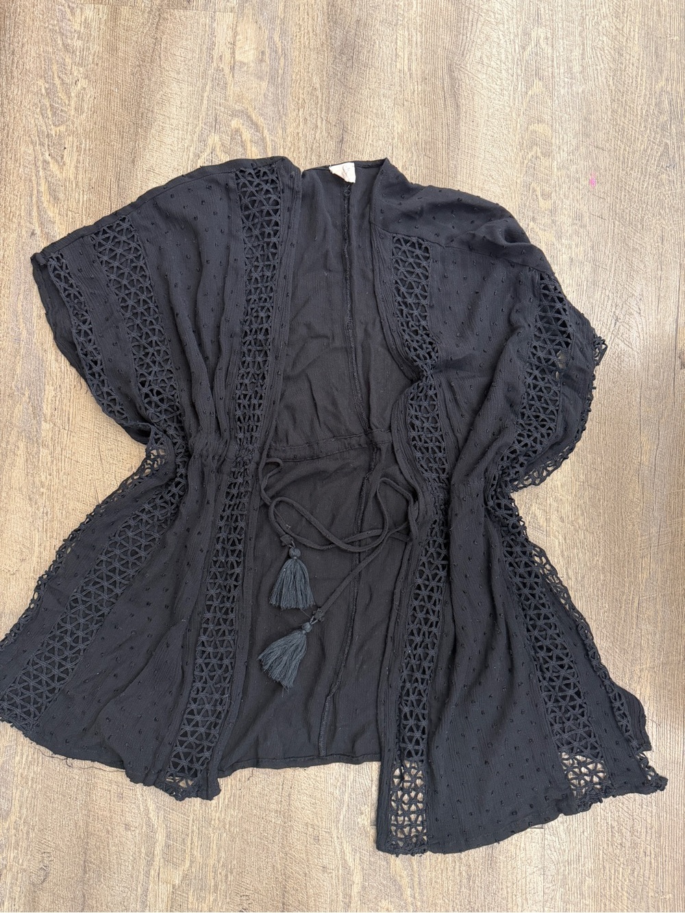 Surf Gypsy Black Crochet-Trim Swim Coverup with Tassel Tie